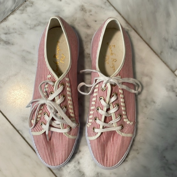 Jack Rogers 1960,  size 9, red white tie stripe flat lace-up sneakers, like new - Picture 4 of 10